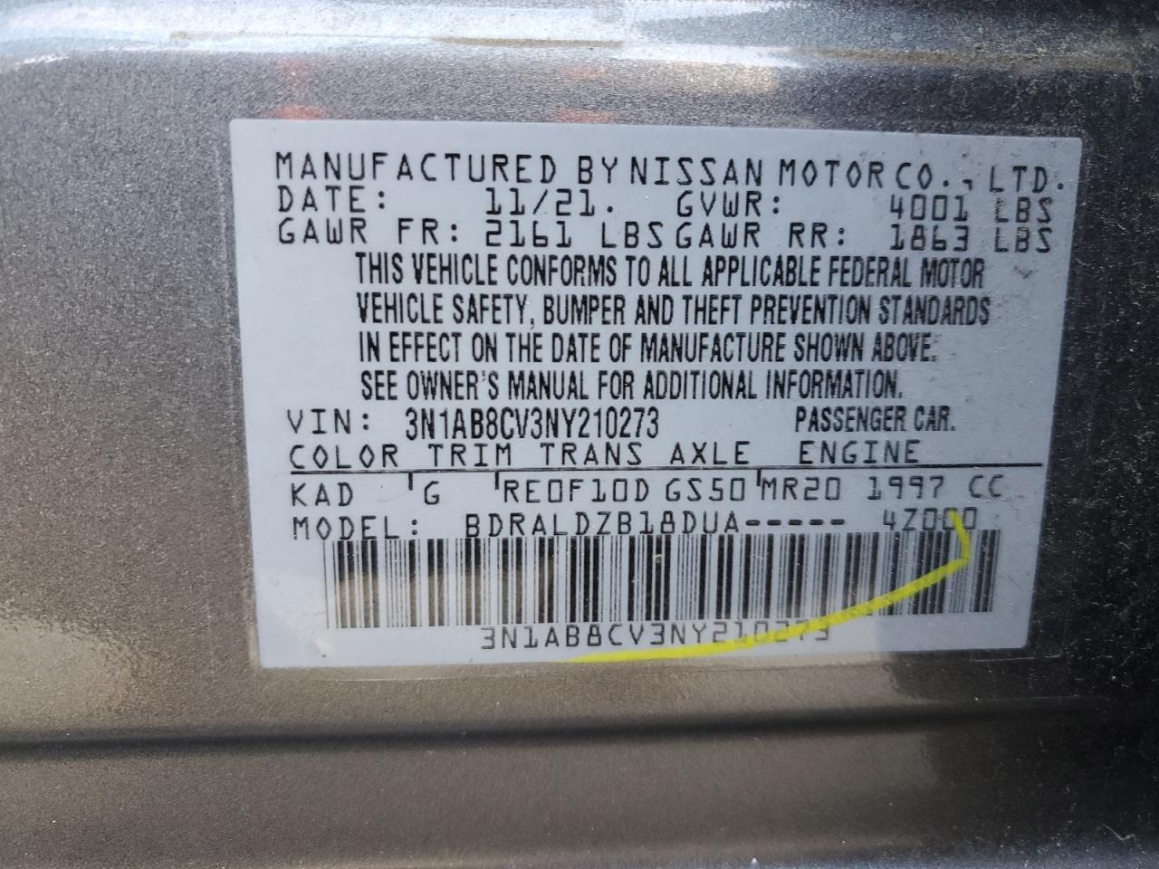 2022 NISSAN SENTRA SV VIN:3N1AB8CV3NY210273