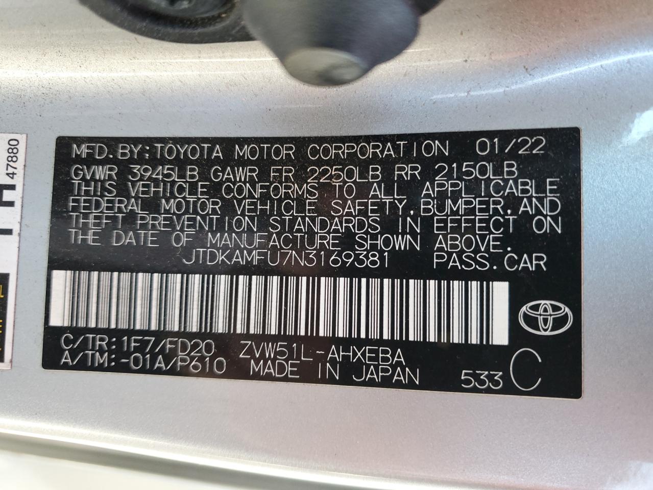 2022 TOYOTA PRIUS NIGHT SHADE VIN:JTDKAMFU7N3169381