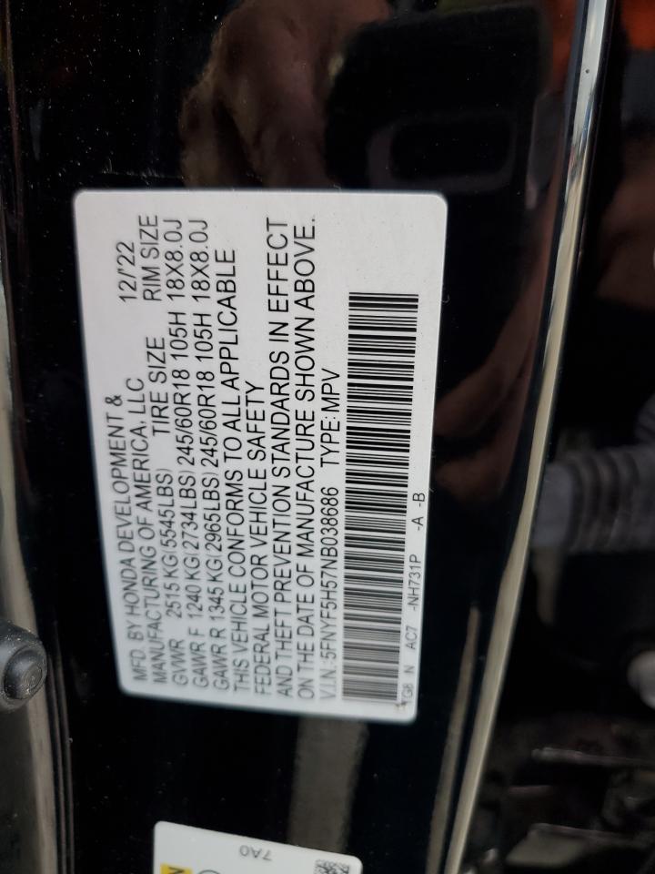 2022 HONDA PILOT EXL VIN:5FNYF5H57NB038686