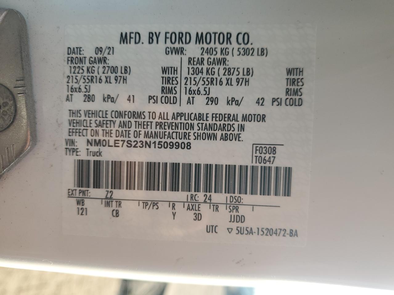 2022 FORD TRANSIT CONNECT XL VIN:NM0LE7S23N1509908
