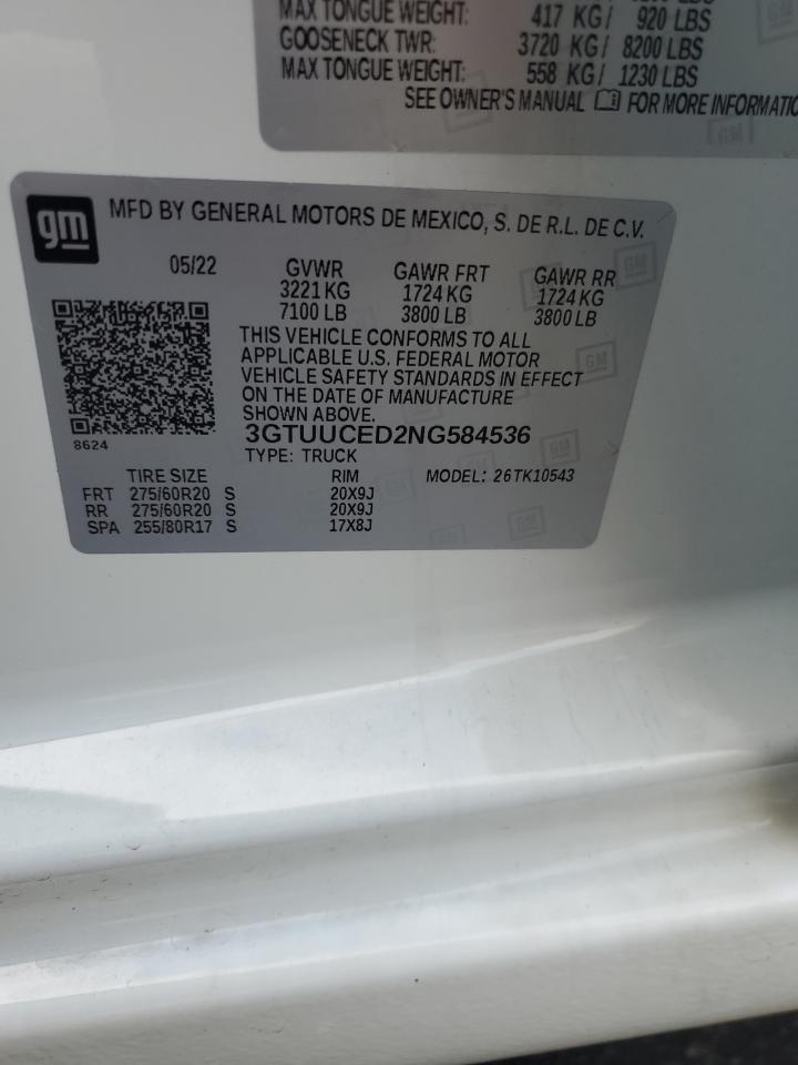 2022 GMC SIERRA K1500 ELEVATION VIN:3GTUUCED2NG584536