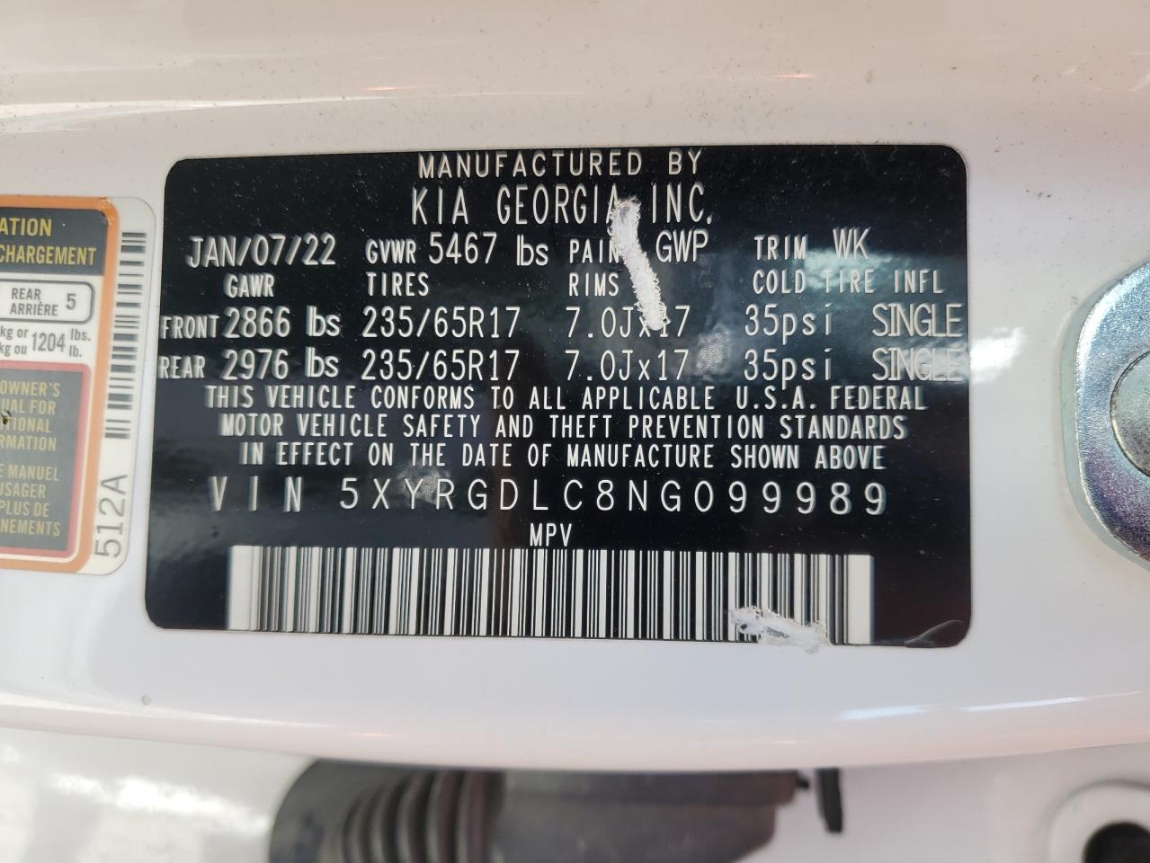 2022 KIA SORENTO LX VIN:5XYRGDLC8NG099989