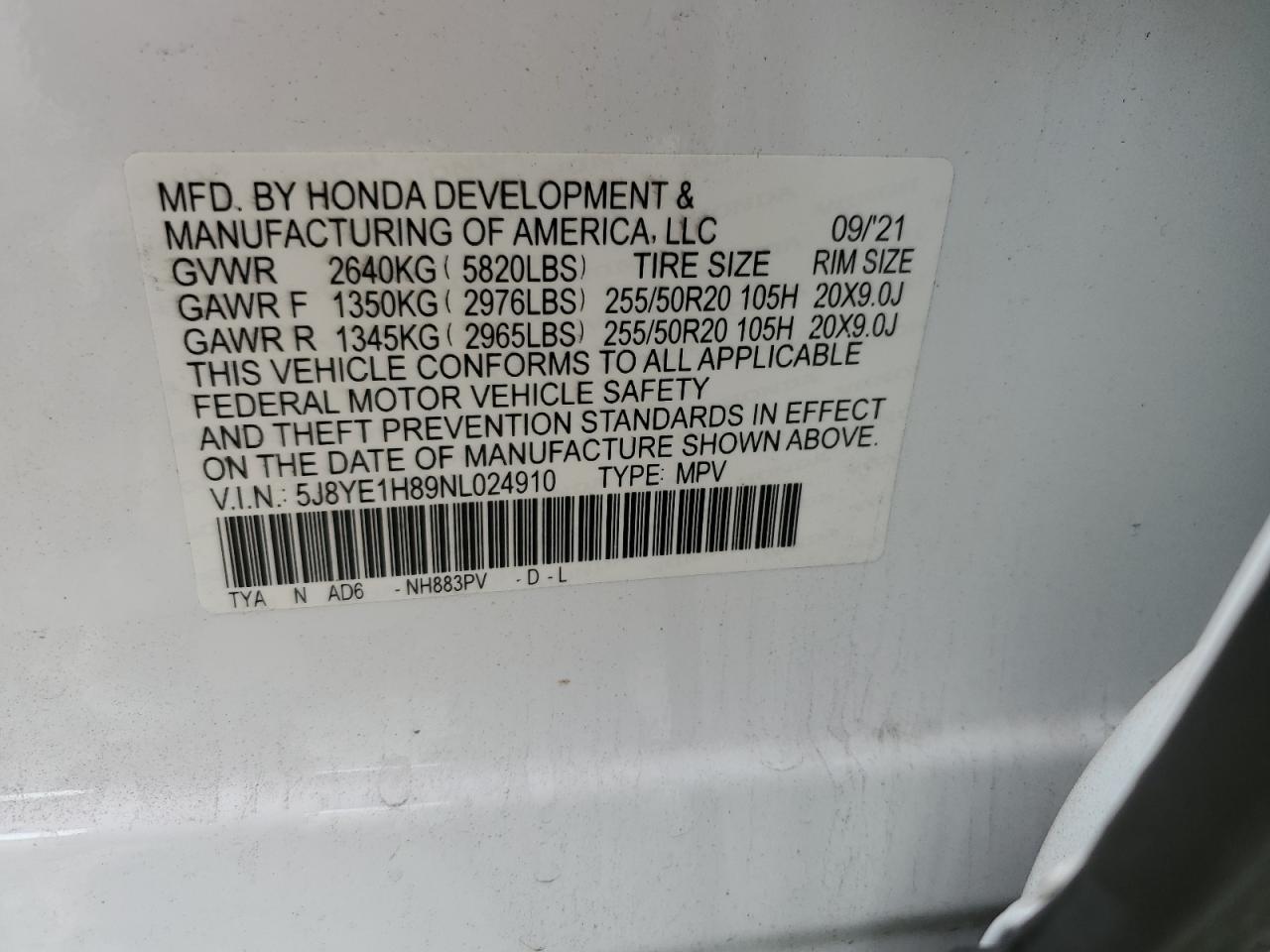 2022 ACURA MDX ADVANCE VIN:5J8YE1H89NL024910