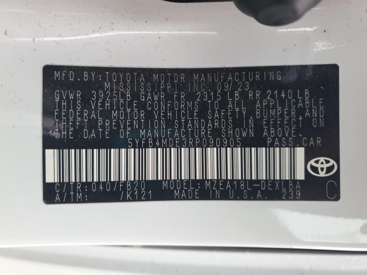 2024 TOYOTA COROLLA LE VIN:5YFB4MDE3RP090905