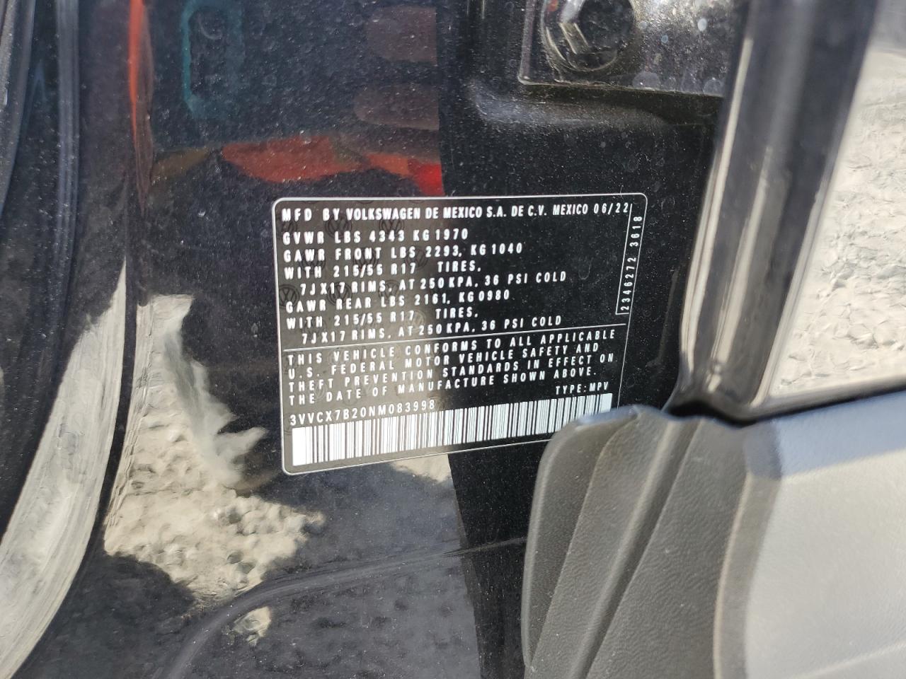 2022 VOLKSWAGEN TAOS S VIN:3VVCX7B20NM083998