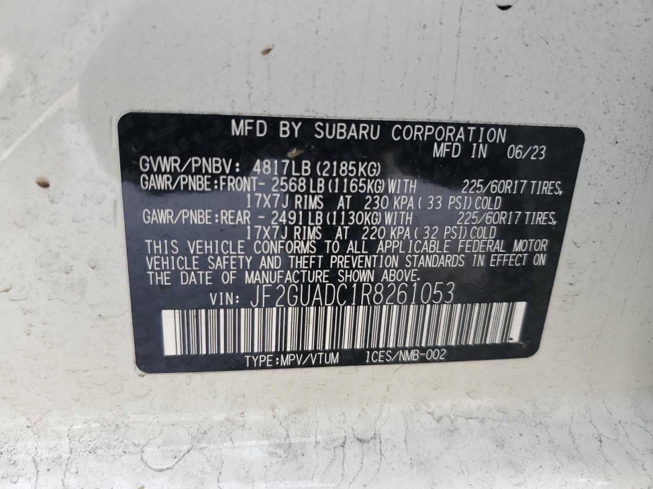 2024 SUBARU CROSSTREK PREMIUM VIN:JF2GUADC1R8261053