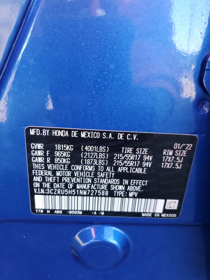 2022 HONDA HR-V EX VIN:3CZRU5H51NM727588