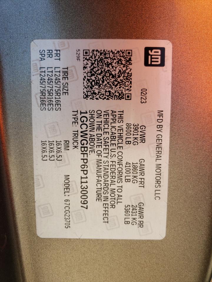 2023 CHEVROLET EXPRESS G2500  VIN:1GCWGBFP6P1130097