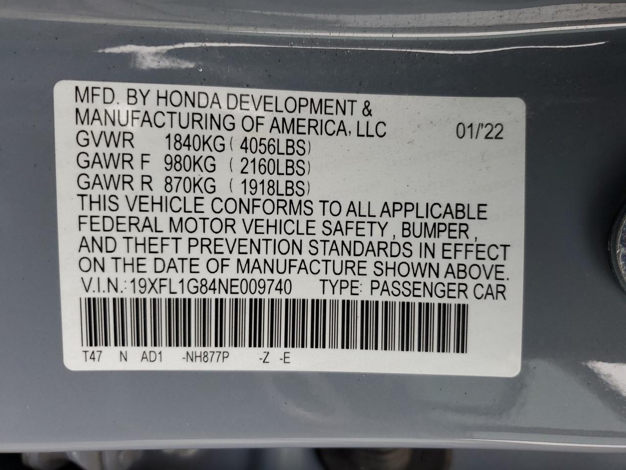 2022 HONDA CIVIC SPORT TOURING VIN:19XFL1G84NE009740