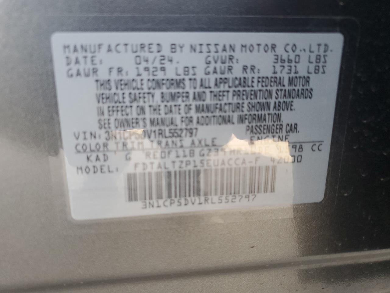 2024 NISSAN KICKS SR VIN:3N1CP5DV1RL552797