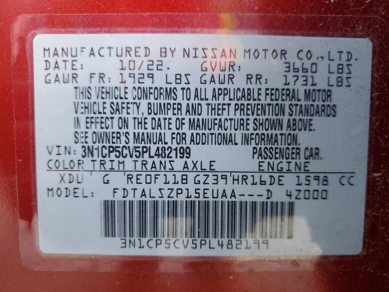 2023 NISSAN KICKS SV VIN:3N1CP5CV5PL482199