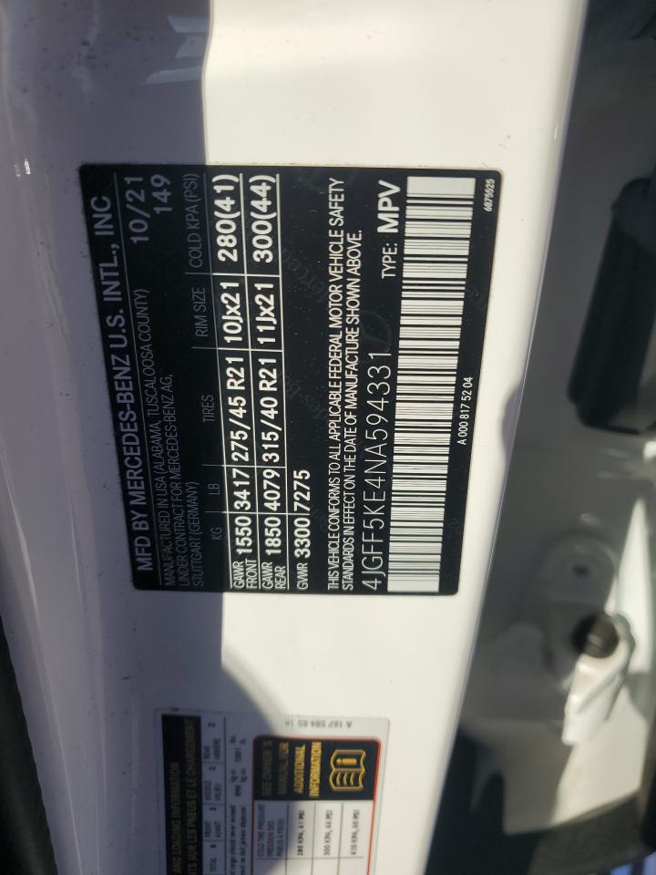 2022 MERCEDES-BENZ GLS 450 4MATIC VIN:4JGFF5KE4NA594331