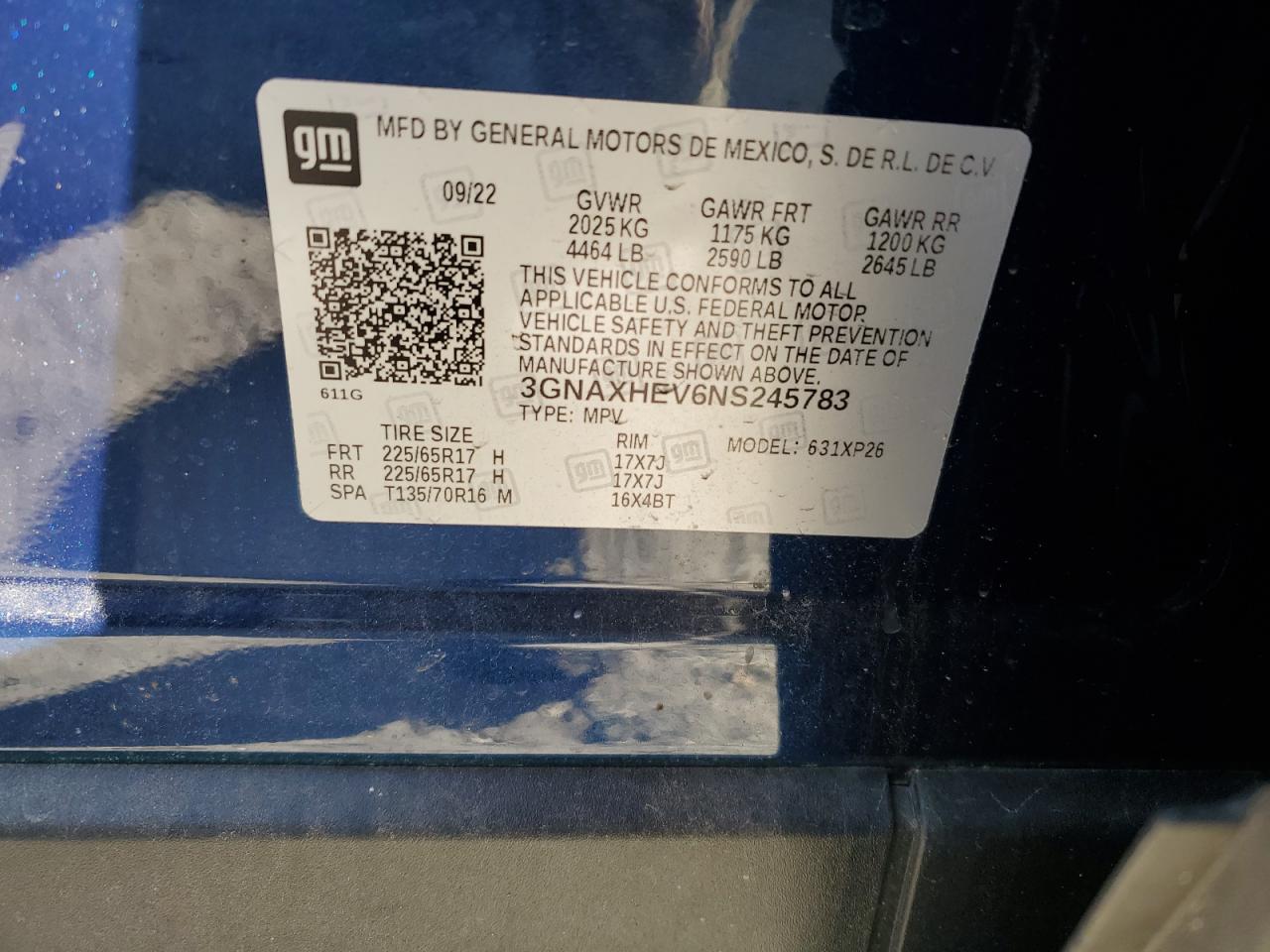 2022 CHEVROLET EQUINOX LS VIN:3GNAXHEV6NS245783