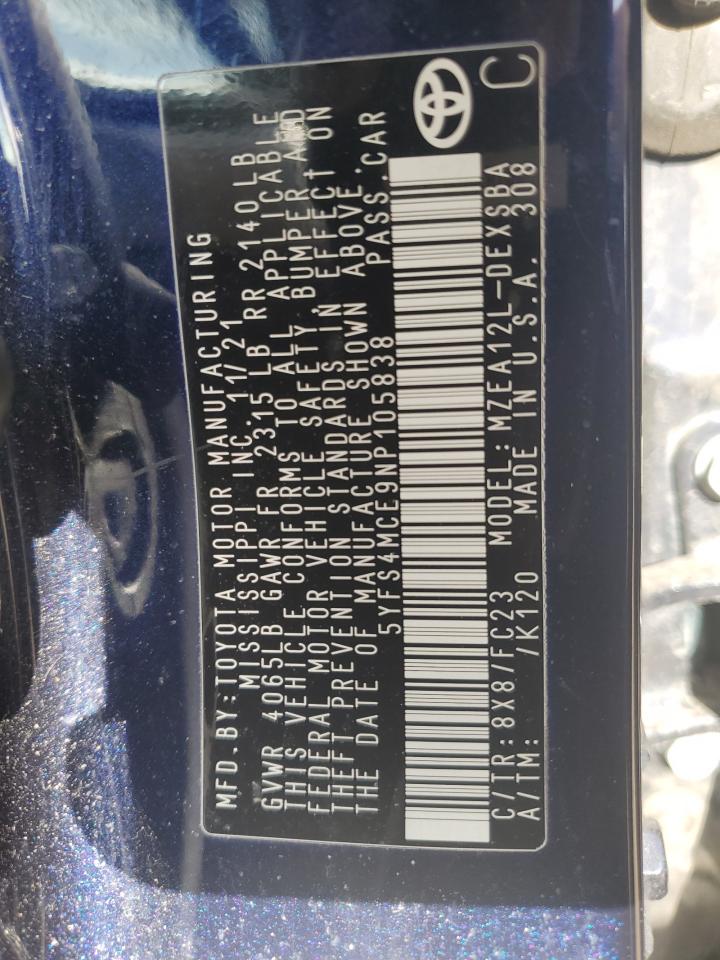 2022 TOYOTA COROLLA SE VIN:5YFS4MCE9NP105838