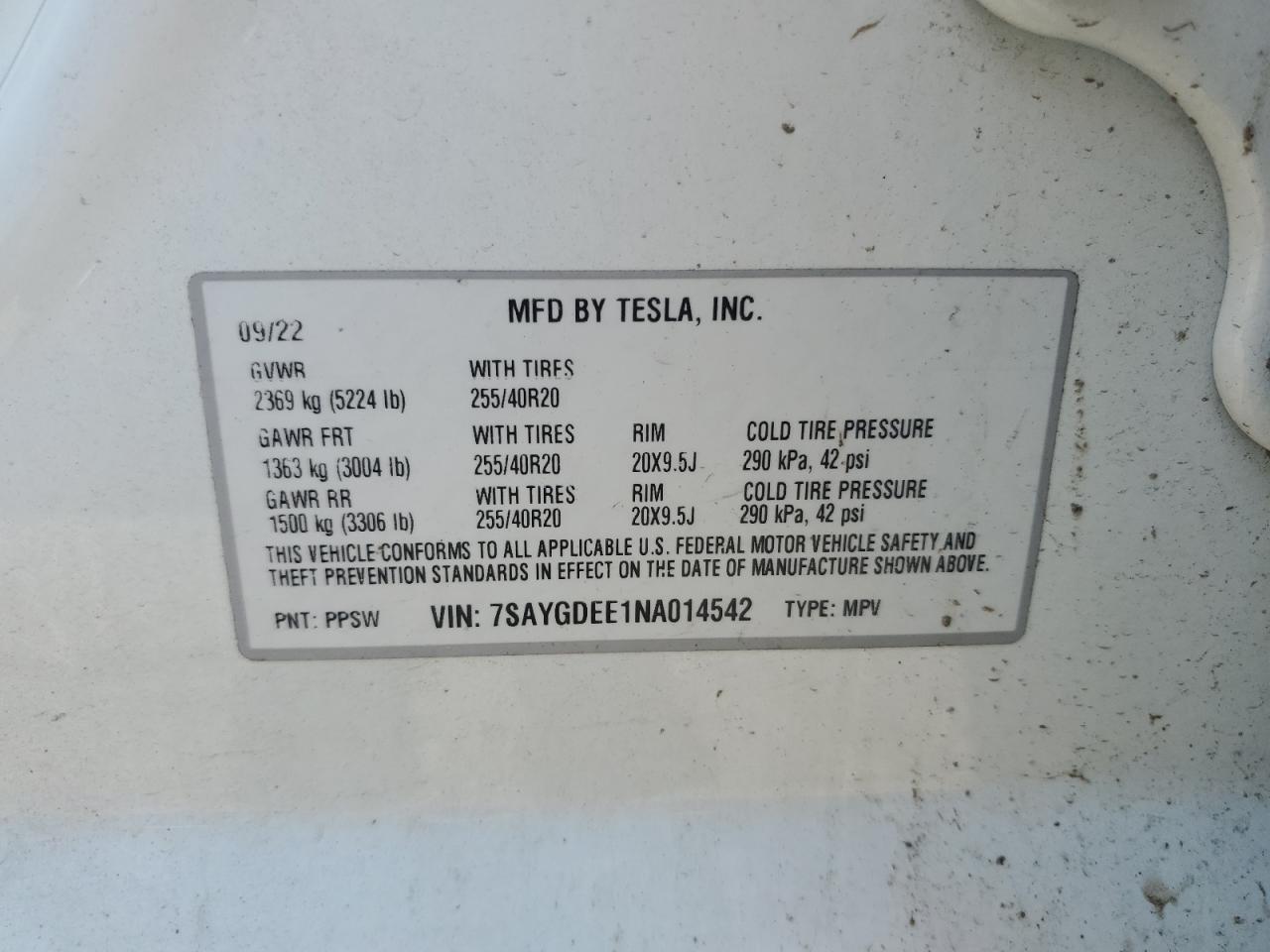 2022 TESLA MODEL Y  VIN:WP0AA2A8XNS255297