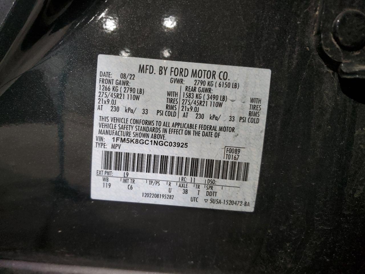 2022 FORD EXPLORER ST VIN:1NXBU4EE5AZ327539