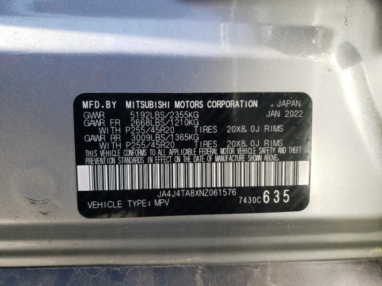 2022 MITSUBISHI OUTLANDER ES VIN:JA4J4TA8XNZ061576