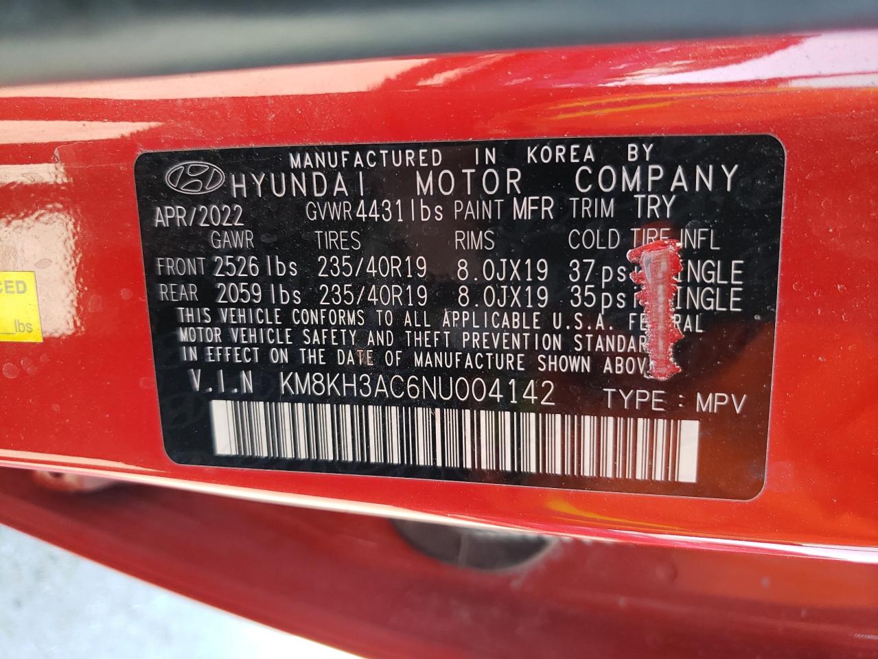 2022 HYUNDAI KONA N BASE VIN:KM8KH3AC6NU004142