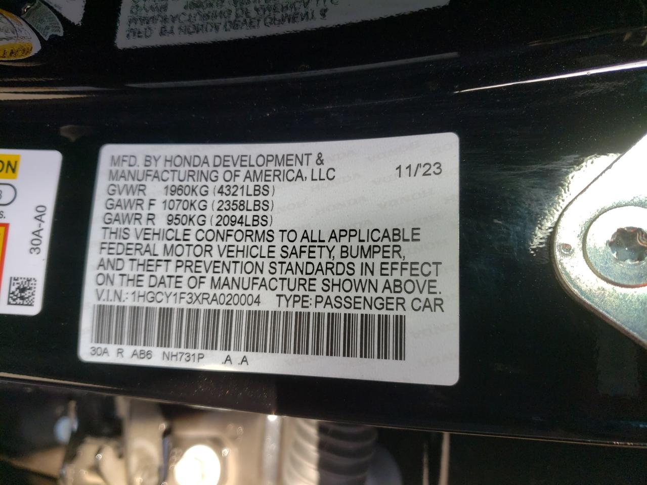 2024 HONDA ACCORD EX VIN:1HGCY1F3XRA020004
