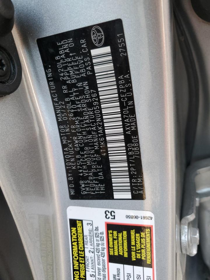 2022 TOYOTA CAMRY XSE VIN:4T1K61AK2NU059267