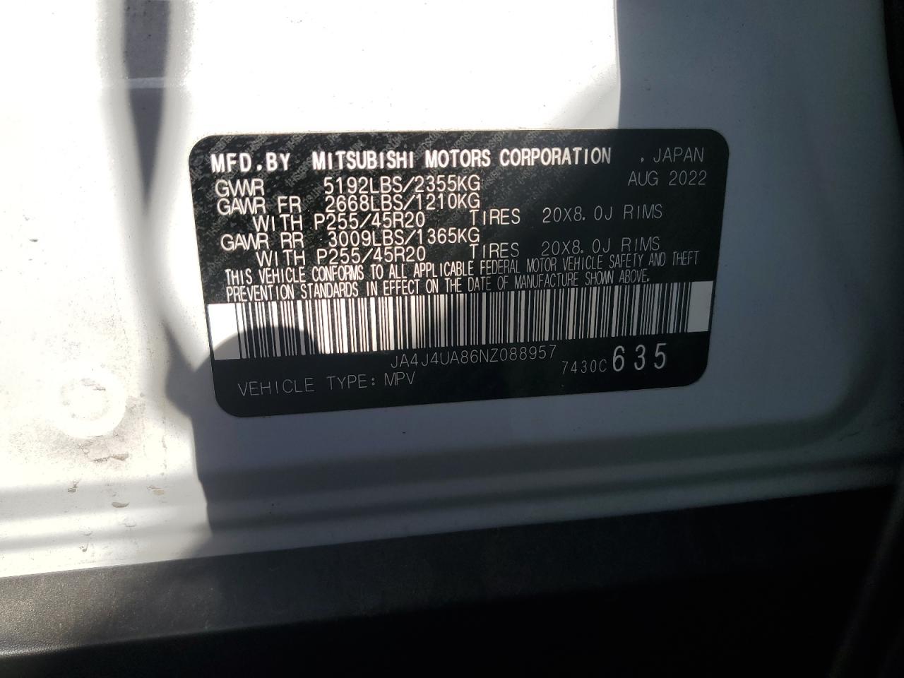 2022 MITSUBISHI OUTLANDER SE VIN:JA4J4UA86NZ088957