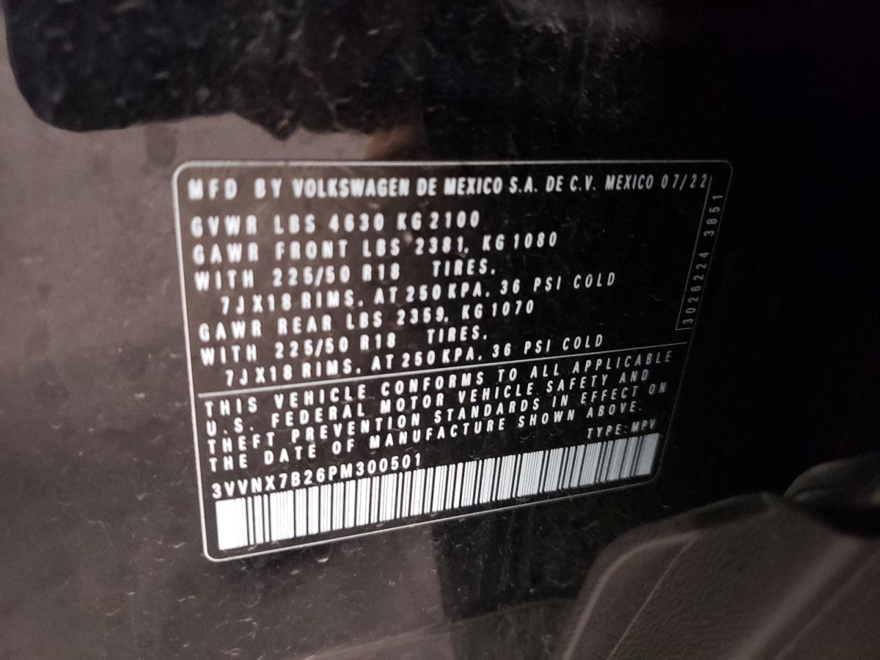 2023 VOLKSWAGEN TAOS SE VIN:3VVNX7B26PM300501