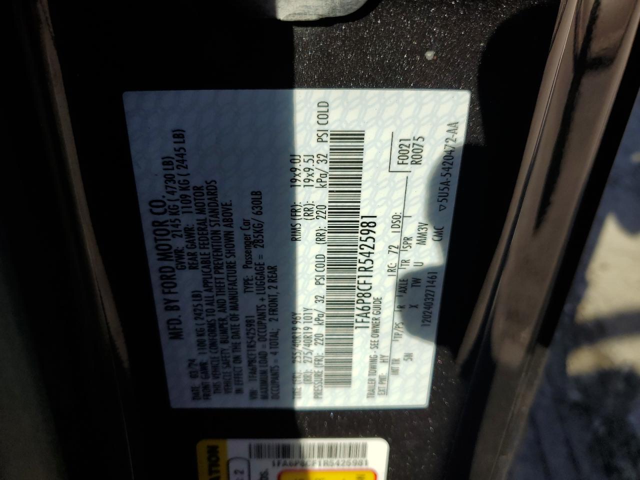 2024 FORD MUSTANG GT VIN:1FA6P8CF1R5425981