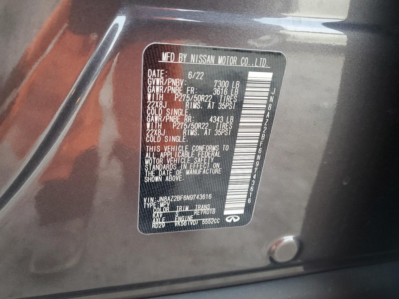 2022 INFINITI QX80 SENSORY VIN:JN8AZ2BF6N9743616