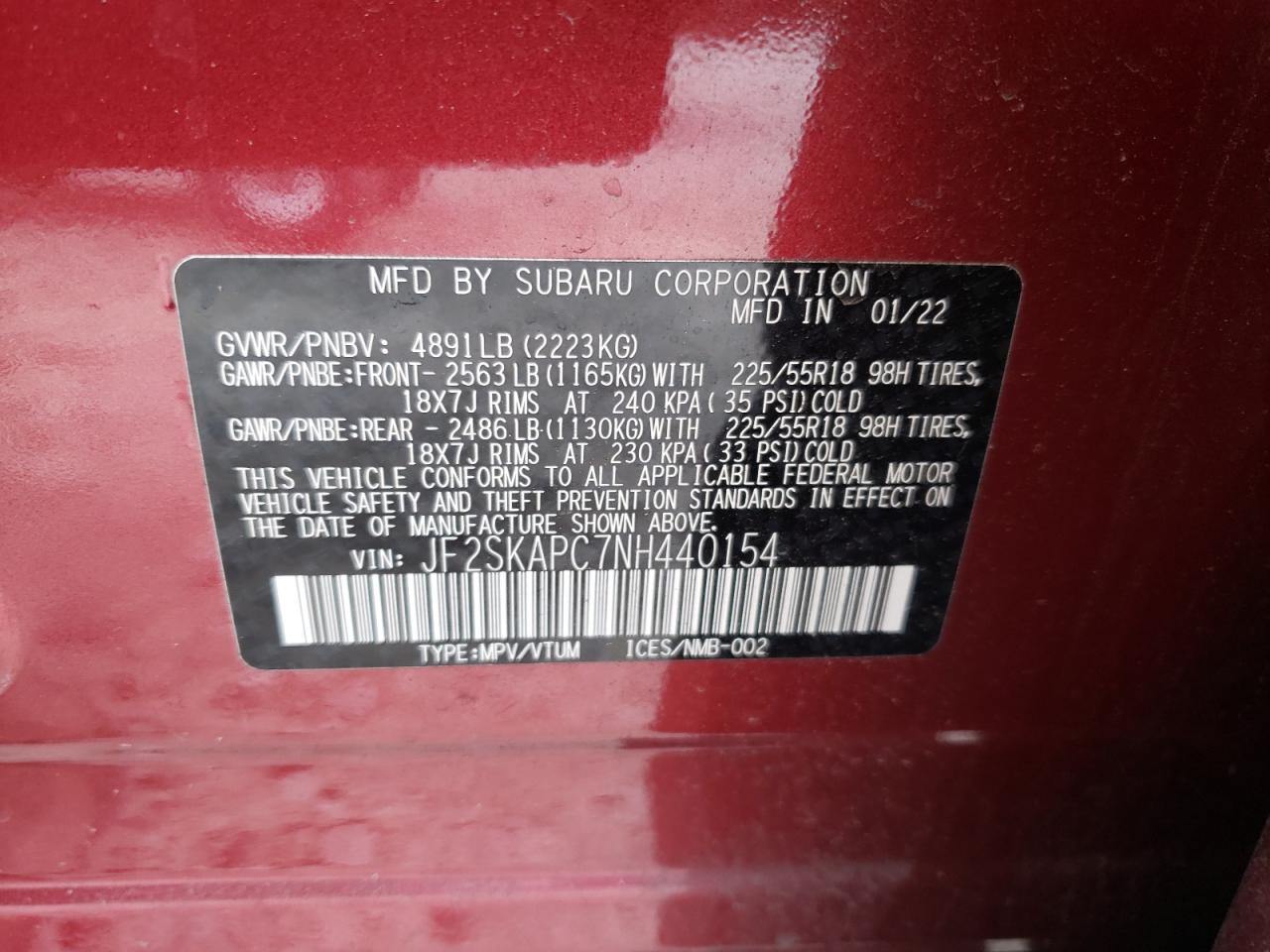 2022 SUBARU FORESTER LIMITED VIN:JF2SKAPC7NH440154