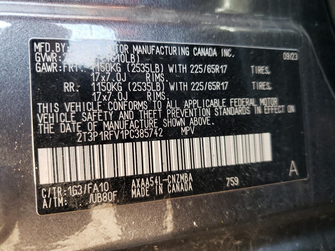 2023 TOYOTA RAV4 XLE VIN:2T3P1RFV1PC385742