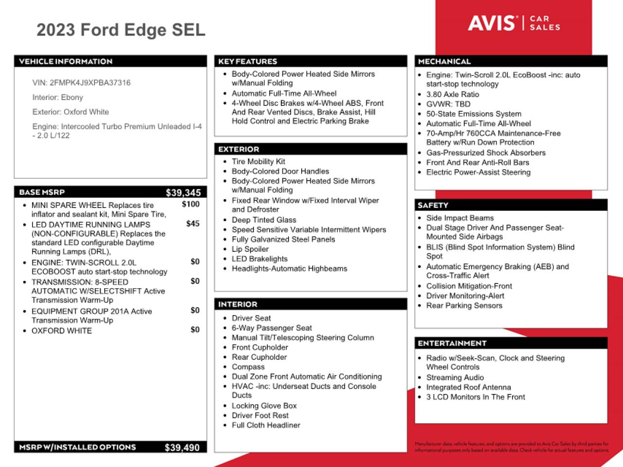 2023 FORD EDGE SEL VIN:2FMPK4J9XPBA37316