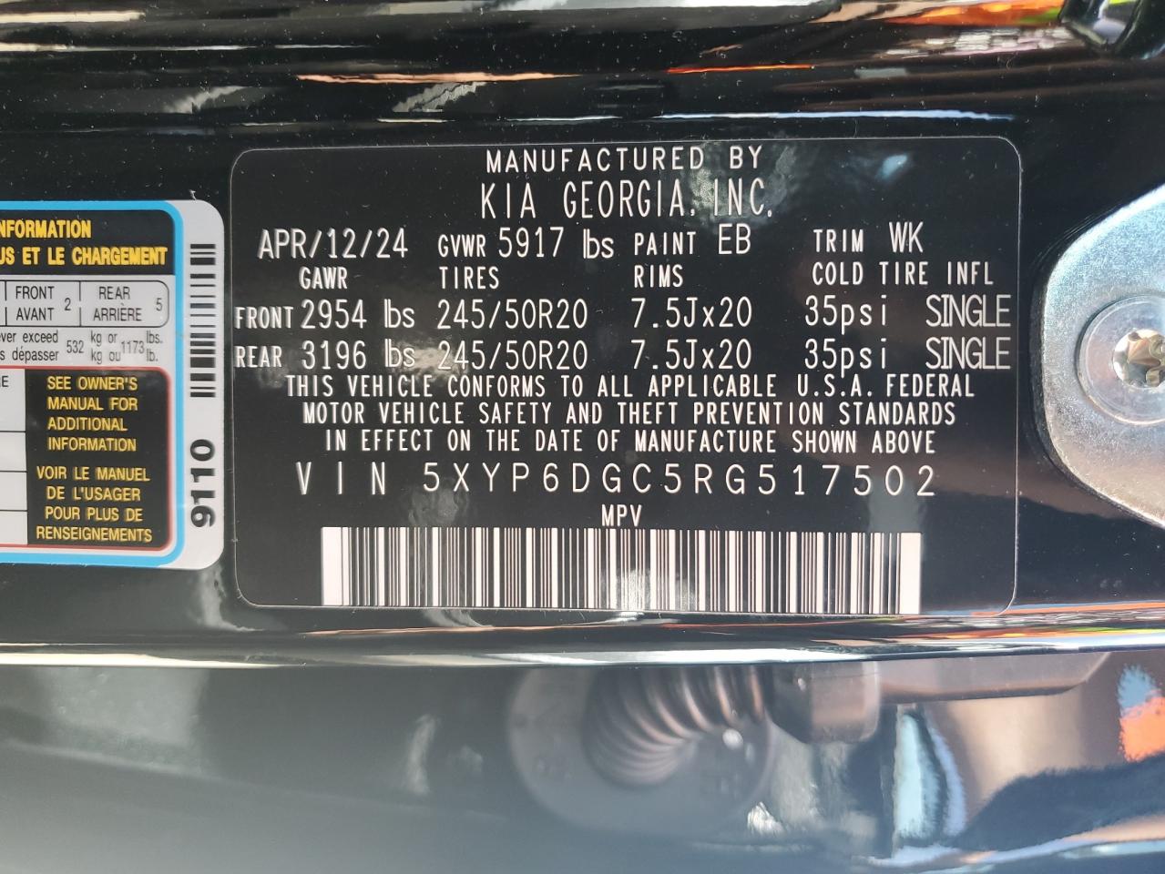 2024 KIA TELLURIDE S VIN:5XYP6DGC5RG517502