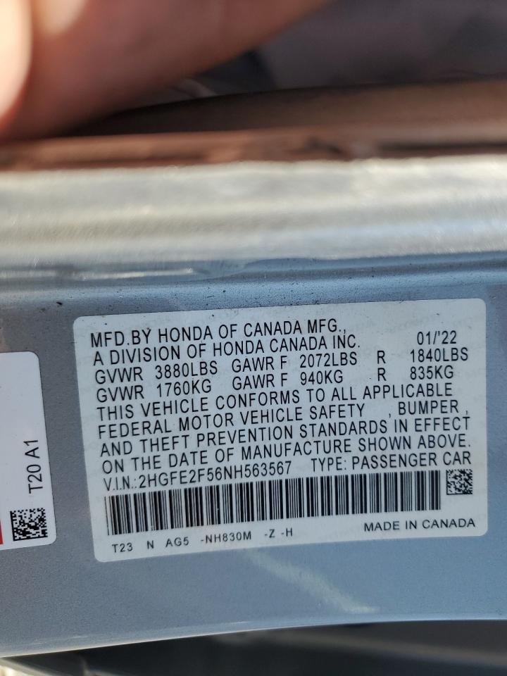 2022 HONDA CIVIC SPORT VIN:2HGFE2F56NH563567