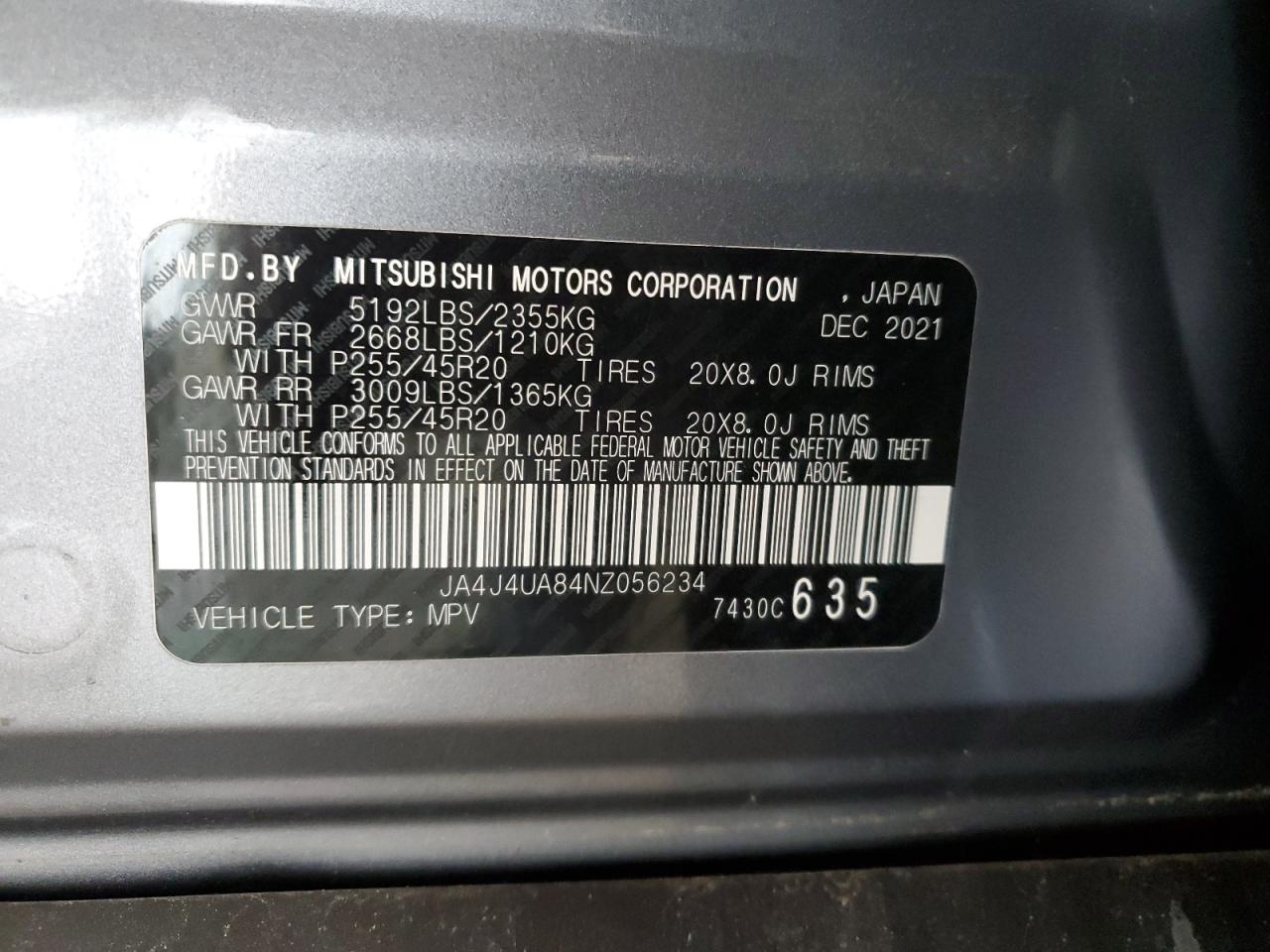 2022 MITSUBISHI OUTLANDER SE VIN:JA4J4UA84NZ056234