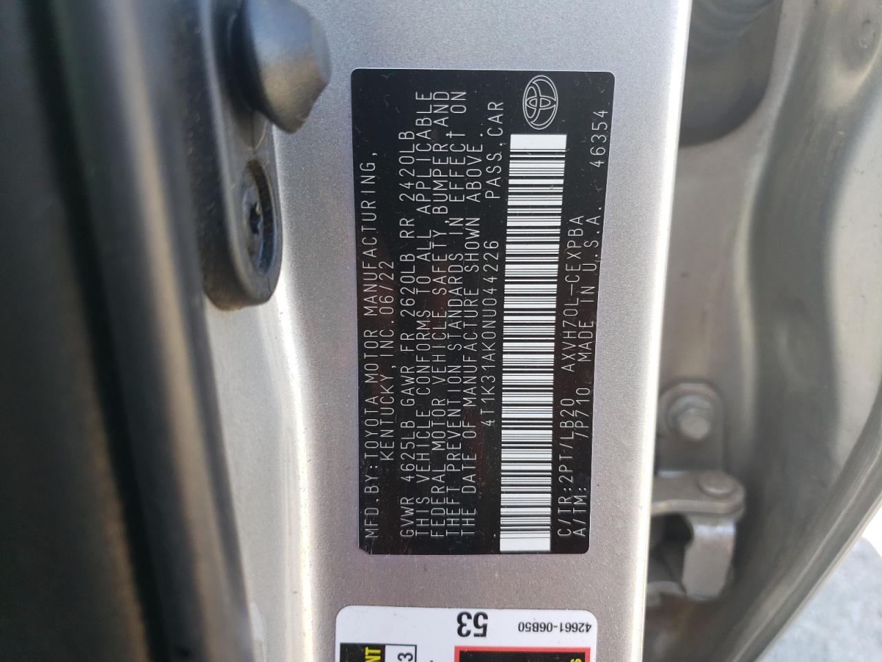 2022 TOYOTA CAMRY XSE VIN:4T1K31AK0NU044226