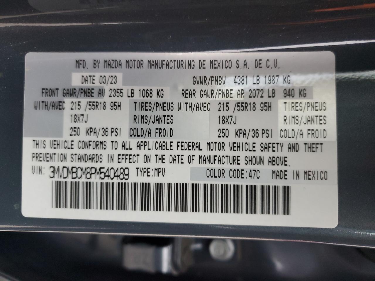 2023 MAZDA CX-30 PREFERRED VIN:3MVDMBCM8PM540489