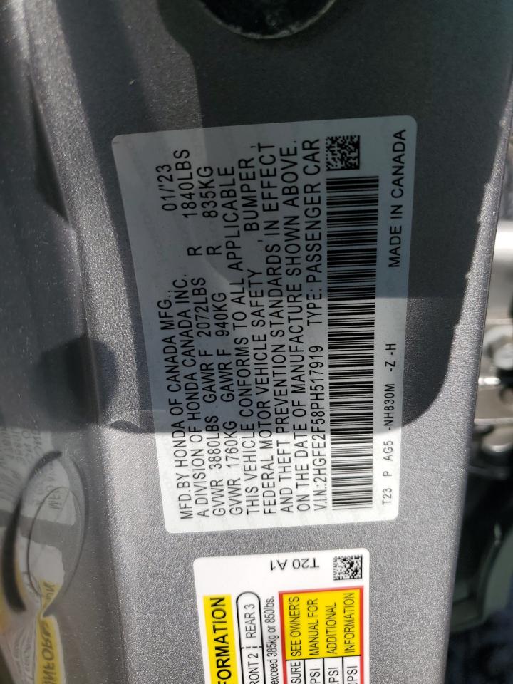 2023 HONDA CIVIC SPORT VIN:2HGFE2F58PH517919