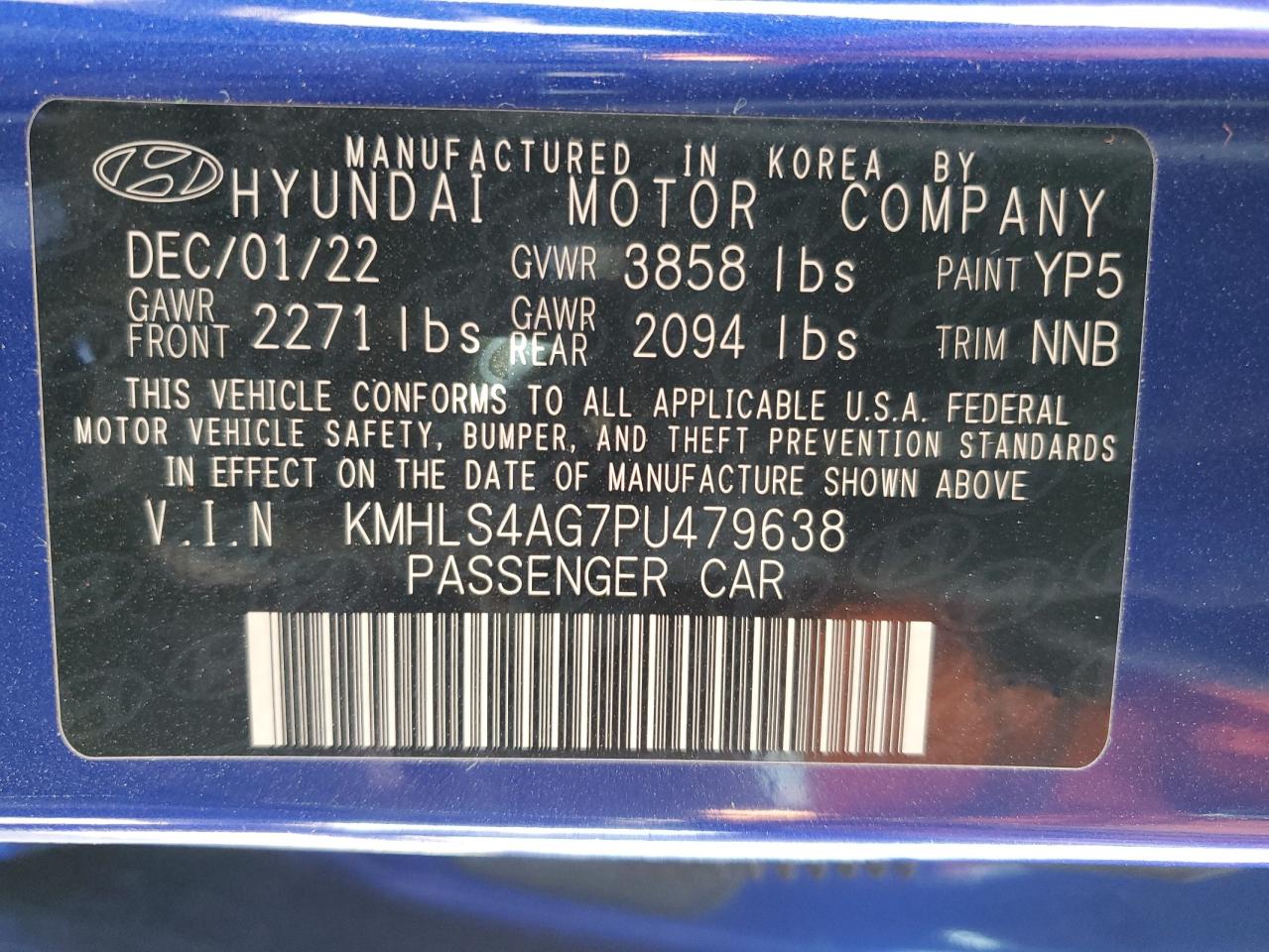 2023 HYUNDAI ELANTRA SEL VIN:KMHLS4AG7PU479638