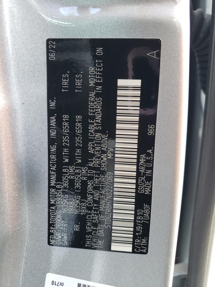 2022 TOYOTA HIGHLANDER XLE VIN:5TDGZRBH7NS227069