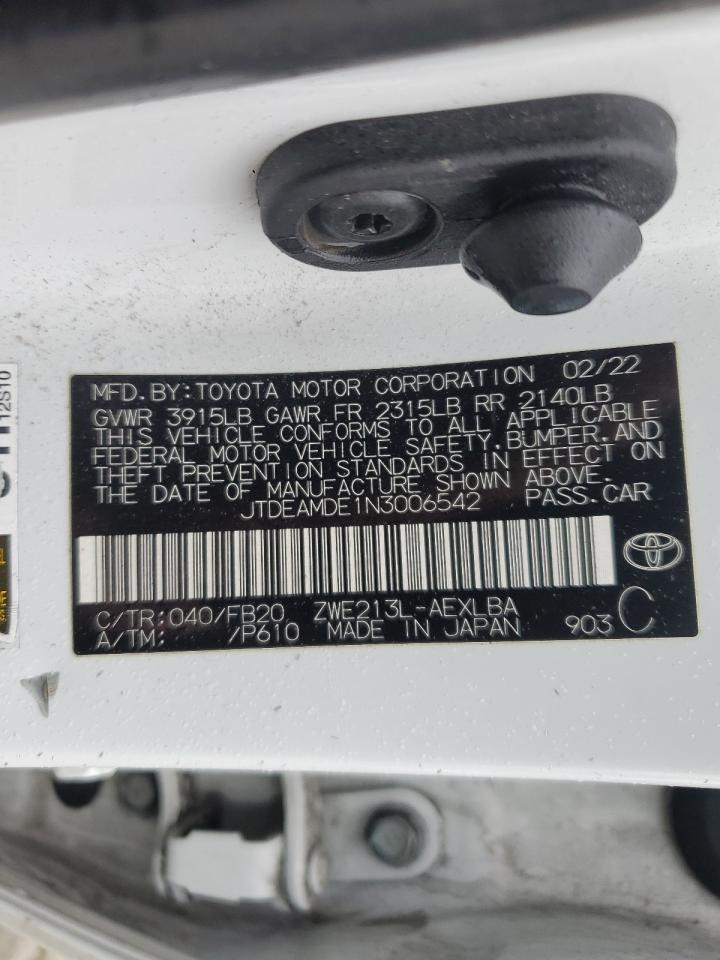 2022 TOYOTA COROLLA LE VIN:JTDEAMDE1N3006542