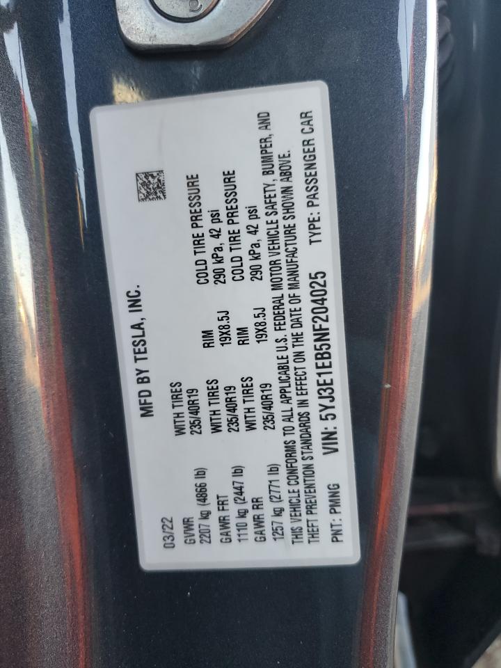 2022 TESLA MODEL 3  VIN:5YJ3E1EB5NF204025