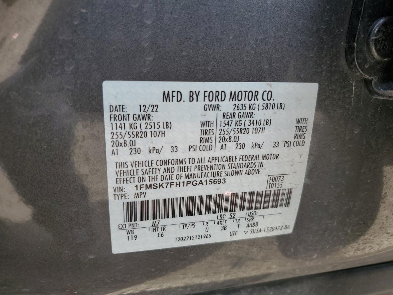 2023 FORD EXPLORER LIMITED VIN:1FMSK7FH1PGA15693