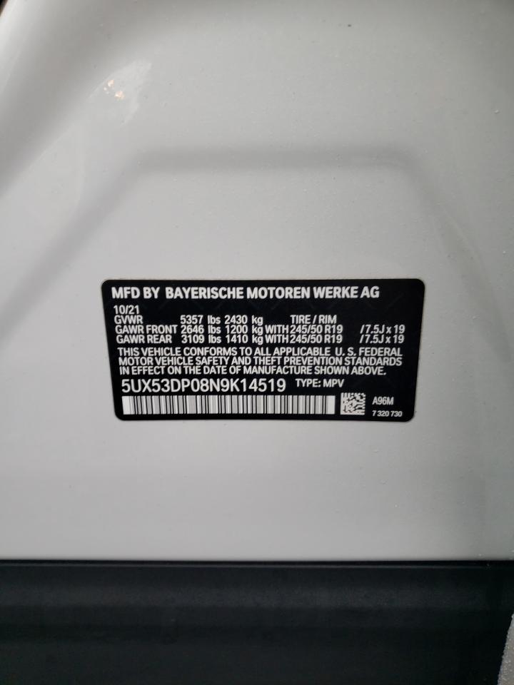 2022 BMW X3 XDRIVE30I VIN:5UX53DP08N9K14519