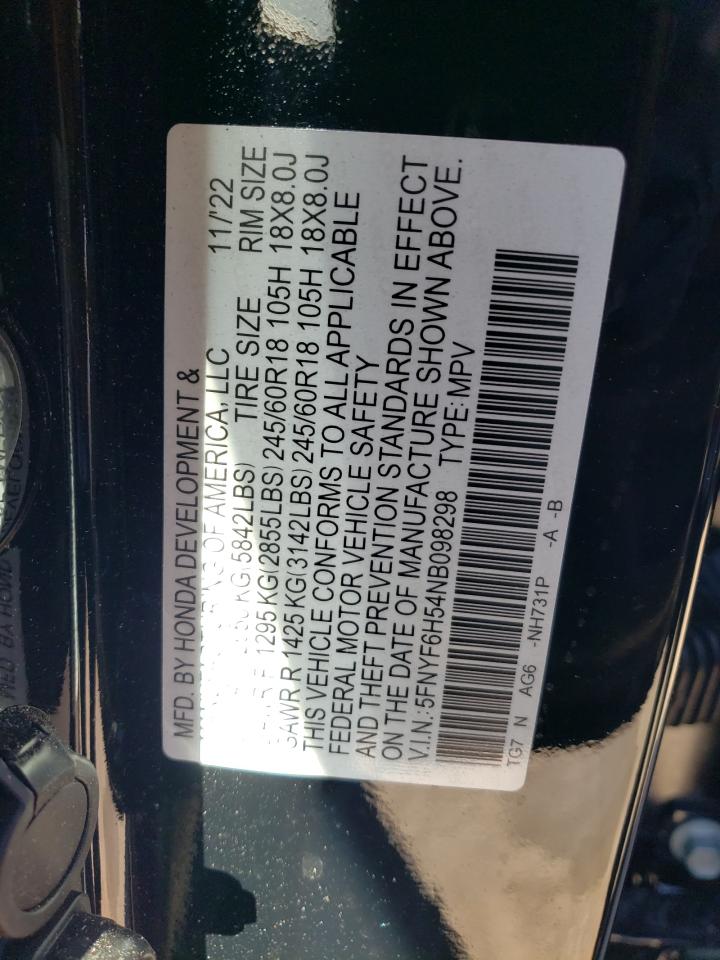 2022 HONDA PILOT EXL VIN:5FNYF6H54NB098298