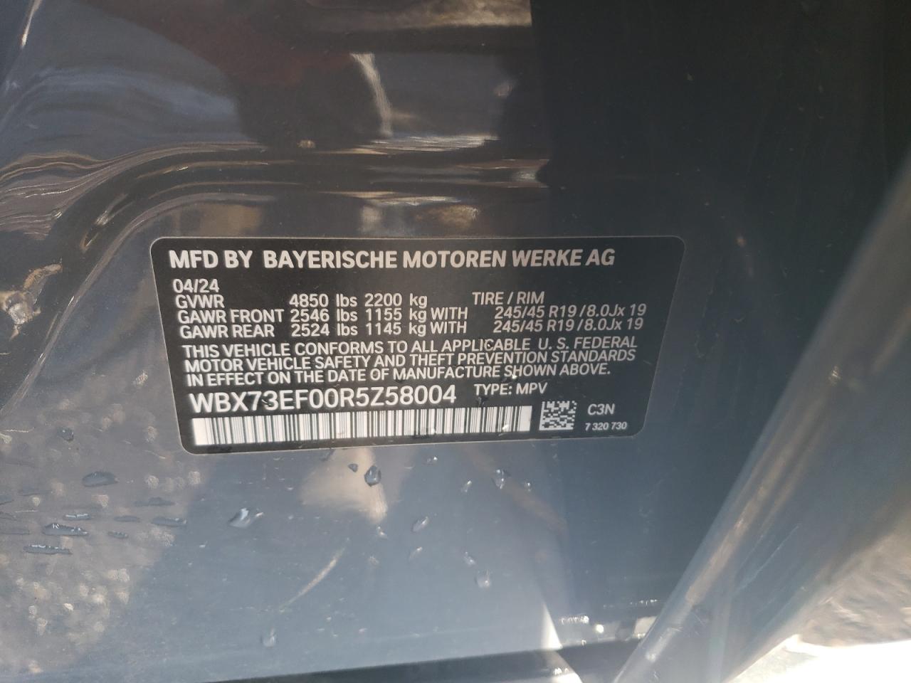 2024 BMW X1 XDRIVE28I VIN:WBX73EF00R5Z58004