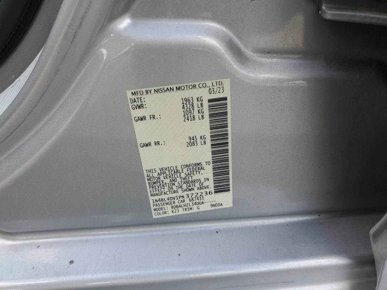 2023 NISSAN ALTIMA SV VIN:1N4BL4DV1PN372236