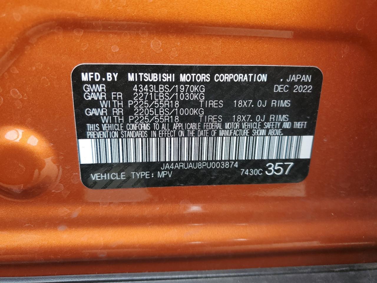 2023 MITSUBISHI OUTLANDER SPORT S/SE VIN:JA4ARUAU8PU003874