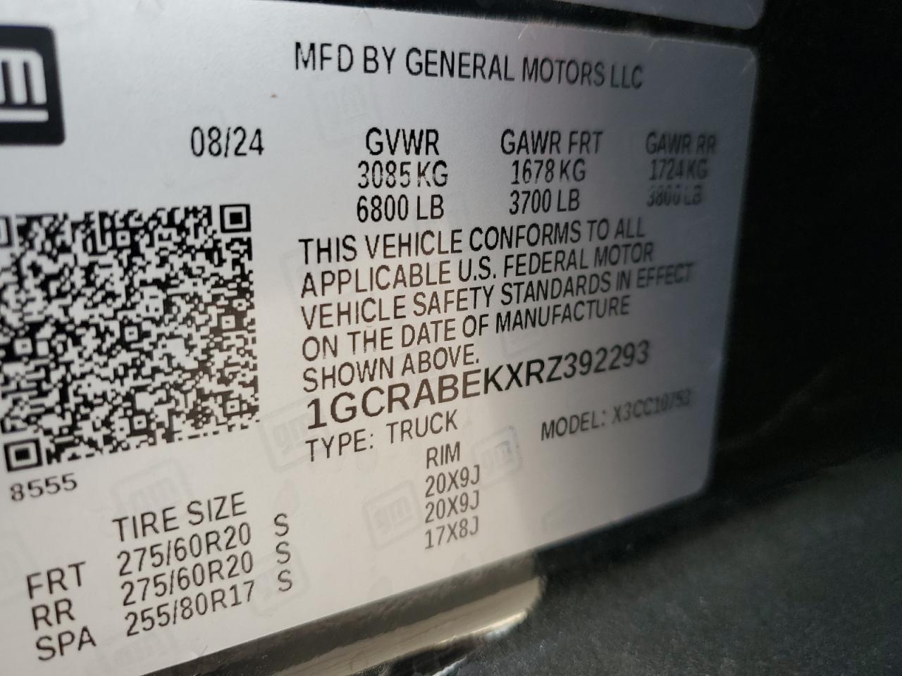 2024 CHEVROLET SILVERADO C1500 CUSTOM VIN:1GCRABEKXRZ392293