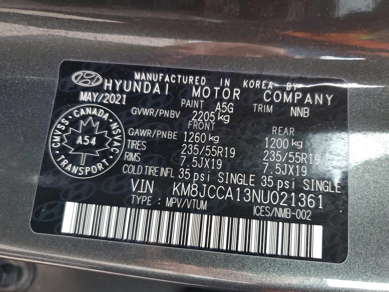 2022 HYUNDAI TUCSON LUXURY VIN:KM8JCCA13NU021361