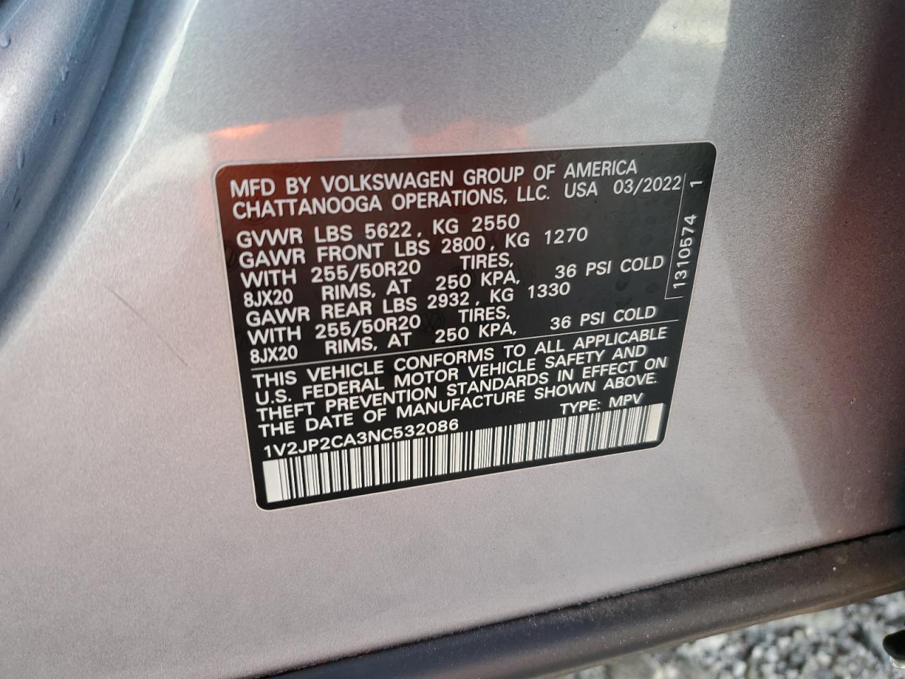 2022 VOLKSWAGEN ATLAS SE VIN:1V2JP2CA3NC532086